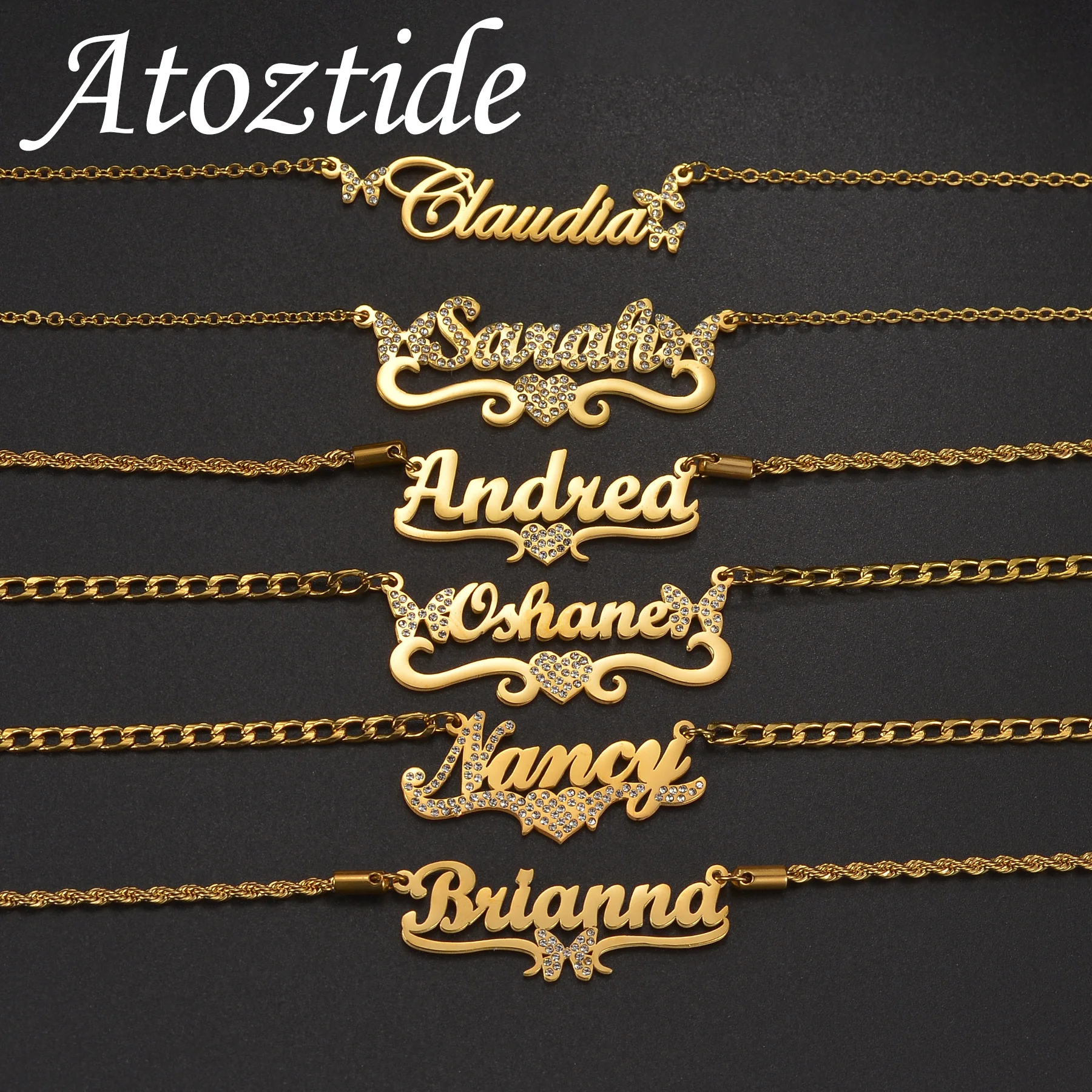 Atoztide ожерелье с индивидуальным именем для женщин, циркониевое сердце, бабочка, ювелирные изделия из нержавеющей стали, колье-цепочка, индивидуальный подарок на день рождения
Atoztide ожерелье с индивидуальным именем для женщин, циркониевое сердце, бабочка, ювелирные изделия из нержавеющей стали, колье-цепочка, индивидуальный подарок на день рождения