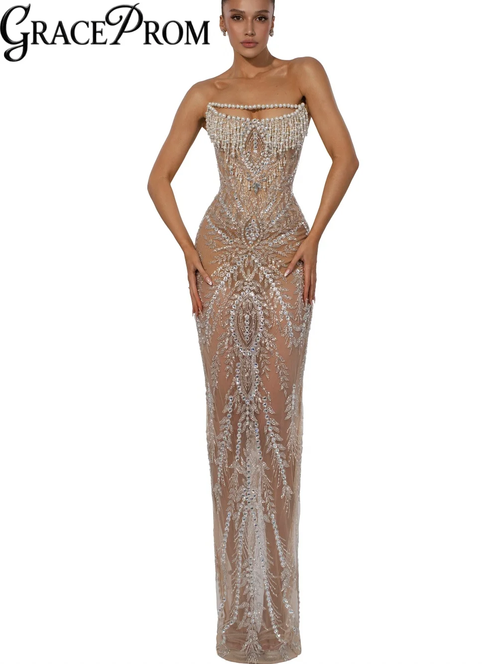 Gorgeous Pearls Crystal Evening Dress Strapless Sexy Illusion Wedding Party Gowns Customized Stunning Long Banquet Gowns
Gorgeous Pearls Crystal Evening Dress Strapless Sexy Illusion Wedding Party Gowns Customized Stunning Long Banquet Gowns