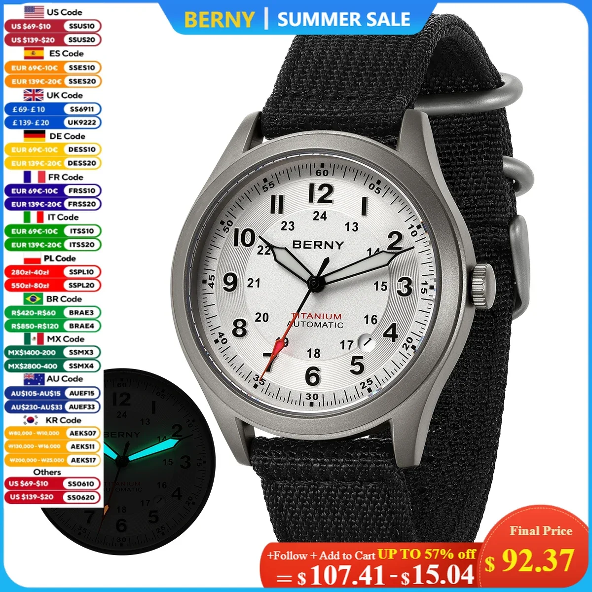 BERNY Titanium Automatic Men's Watches Date Sapphire Super Luminous Field Pilot Mechanical Watch Outdoor Sports Easy Read 10ATM
BERNY Titanium Automatic Men's Watches Date Sapphire Super Luminous Field Pilot Mechanical Watch Outdoor Sports Easy Read 10ATM