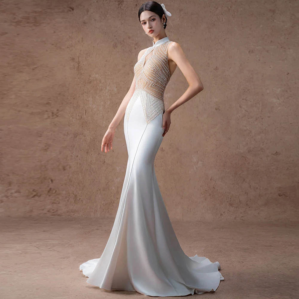 Mermaid White Satin Evening Dress Customized High Collar Sleeveless Homecoming Dresses Sexy Pearls Beading Celebrity Gowns
Mermaid White Satin Evening Dress Customized High Collar Sleeveless Homecoming Dresses Sexy Pearls Beading Celebrity Gowns