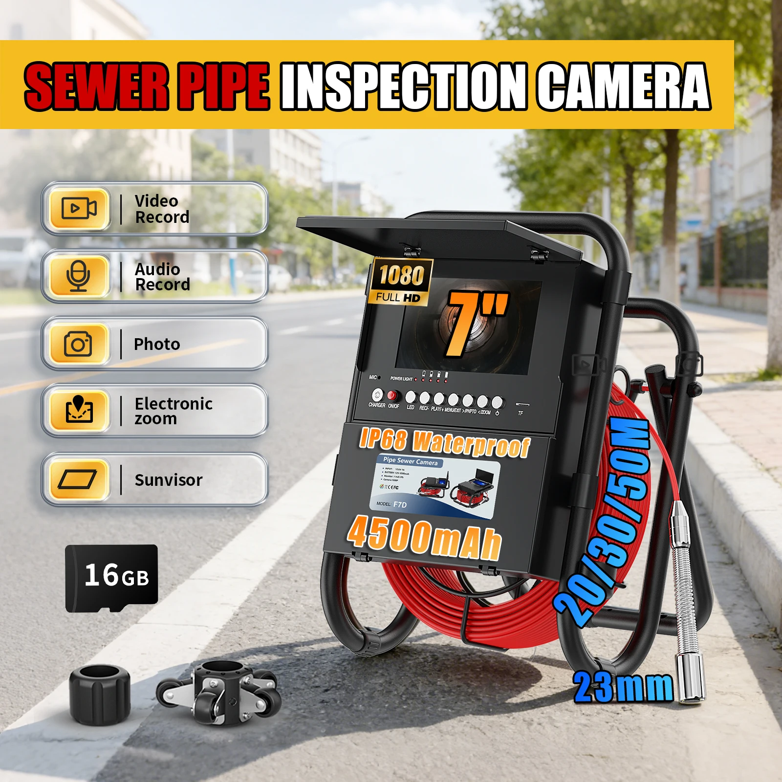 7" HD Screen DVR 16GB Card IP68 20/30/50M GAMWATER Pipe Inspection Camera 23mm Drain Sewer Pipeline Industrial Endoscope
7" HD Screen DVR 16GB Card IP68 20/30/50M GAMWATER Pipe Inspection Camera 23mm Drain Sewer Pipeline Industrial Endoscope