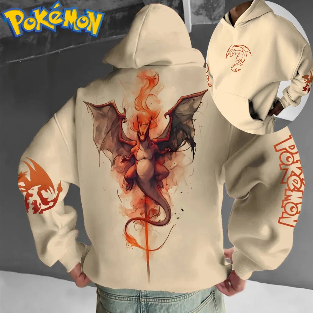 Бежевый хлопковый комплект с капюшоном «Покемон» с принтом на спине огненного дракона и логотипом, повседневная одежда с длинными рукавами, мода унисекс
Бежевый хлопковый комплект с капюшоном «Покемон» с принтом на спине огненного дракона и логотипом, повседневная одежда с длинными рукавами, мода унисекс