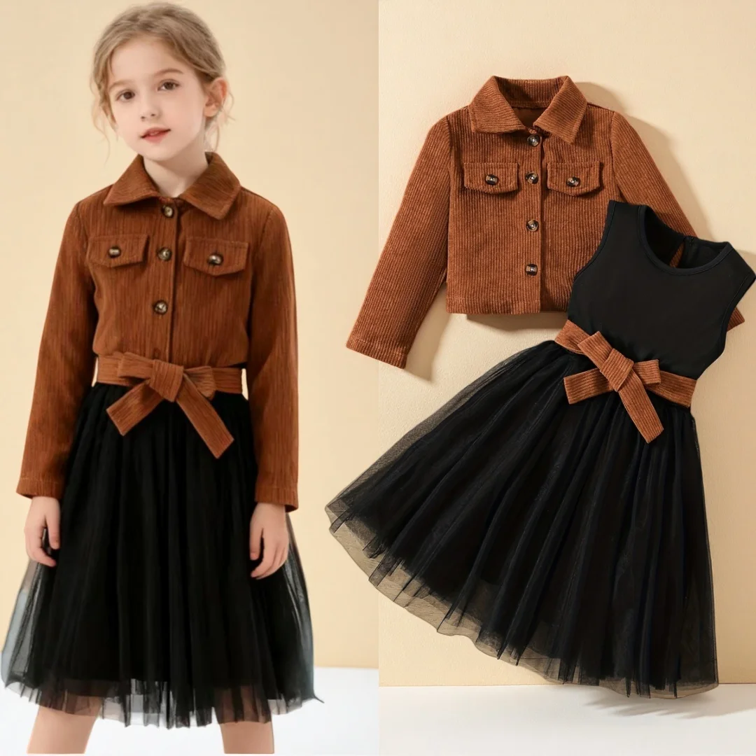 Girls' Dress Set Dark Brown Jacket Top + Sleeveless Round Neck A-Line Skirt with Belt Autumn Winter Outfits For Toddler Girls
Girls' Dress Set Dark Brown Jacket Top + Sleeveless Round Neck A-Line Skirt with Belt Autumn Winter Outfits For Toddler Girls