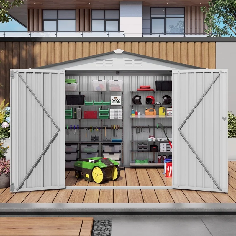 8X6 FT Metal Garden Shed with Pitched Roof, Waterproof, One Window, Two Lockable Doors, White Gray, Tool & Bike Storage
8X6 FT Metal Garden Shed with Pitched Roof, Waterproof, One Window, Two Lockable Doors, White Gray, Tool & Bike Storage