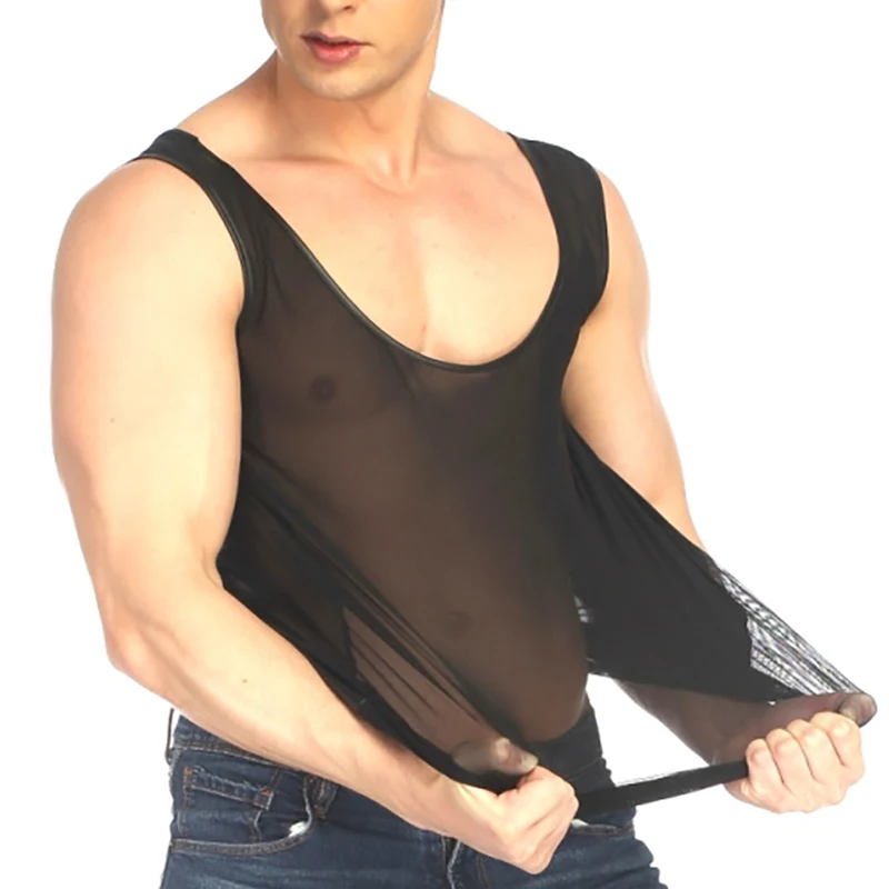 Мужские сетчатые майки, прозрачные рубашки из искусственной кожи в стиле пэчворк, тонкие футболки без рукавов для фитнеса, Размер 2XL 
Мужские сетчатые майки, прозрачные рубашки из искусственной кожи в стиле пэчворк, тонкие футболки без рукавов для фитнеса, Размер 2XL