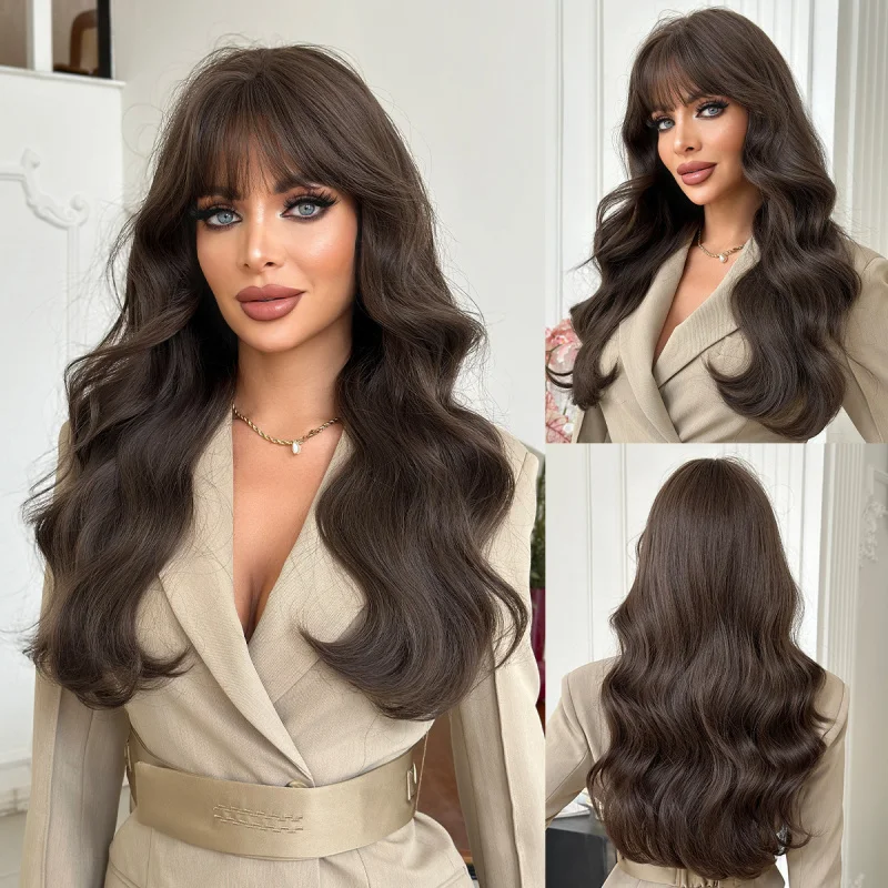 Women's wig, European American style, Middle Eastern cool brown long curly hair with big waves and air bangs, high-quality w
Women's wig, European American style, Middle Eastern cool brown long curly hair with big waves and air bangs, high-quality w