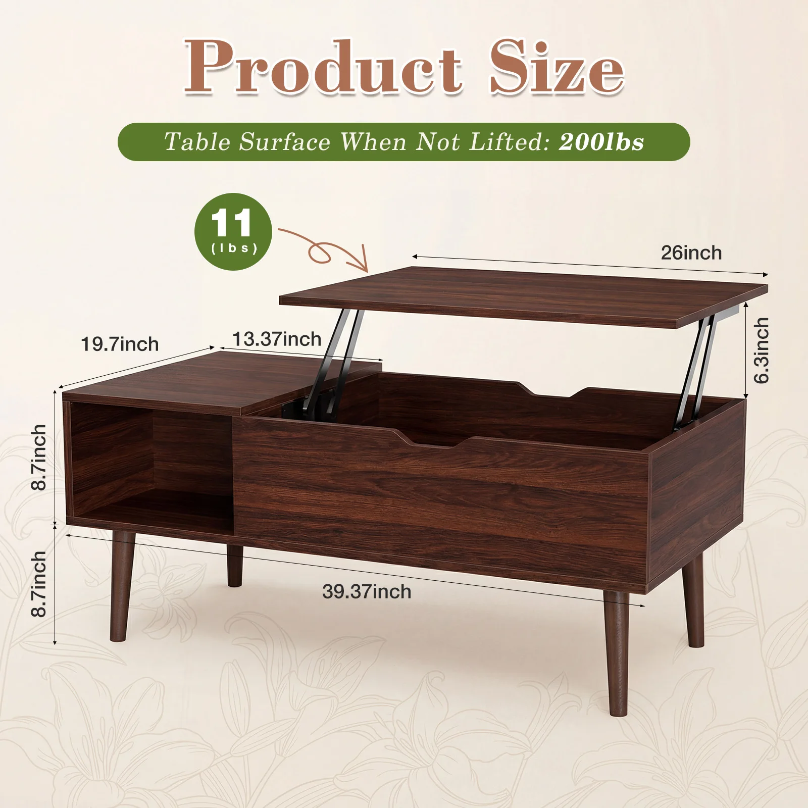 Wooden liftable coffee table with hidden compartments and adjustable storage shelves
Wooden liftable coffee table with hidden compartments and adjustable storage shelves