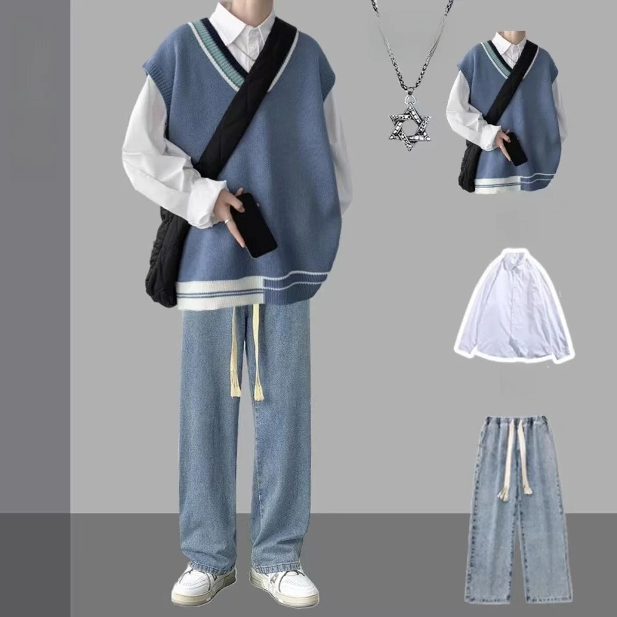 Men's V-ne Sweater Vest Set Tee-piece Set Autumn Long Sve Faionable Korean College Sle Color Blo DK orm
Men's V-ne Sweater Vest Set Tee-piece Set Autumn Long Sve Faionable Korean College Sle Color Blo DK orm