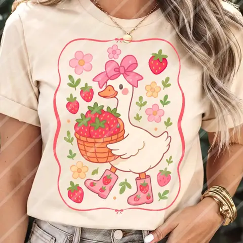 Spring Summer Cute Strawberry Goose DIY Iron-On Heat Transfer Sticker Decal T-shirts Sweatshirts Bag Clothing Fabric Decor