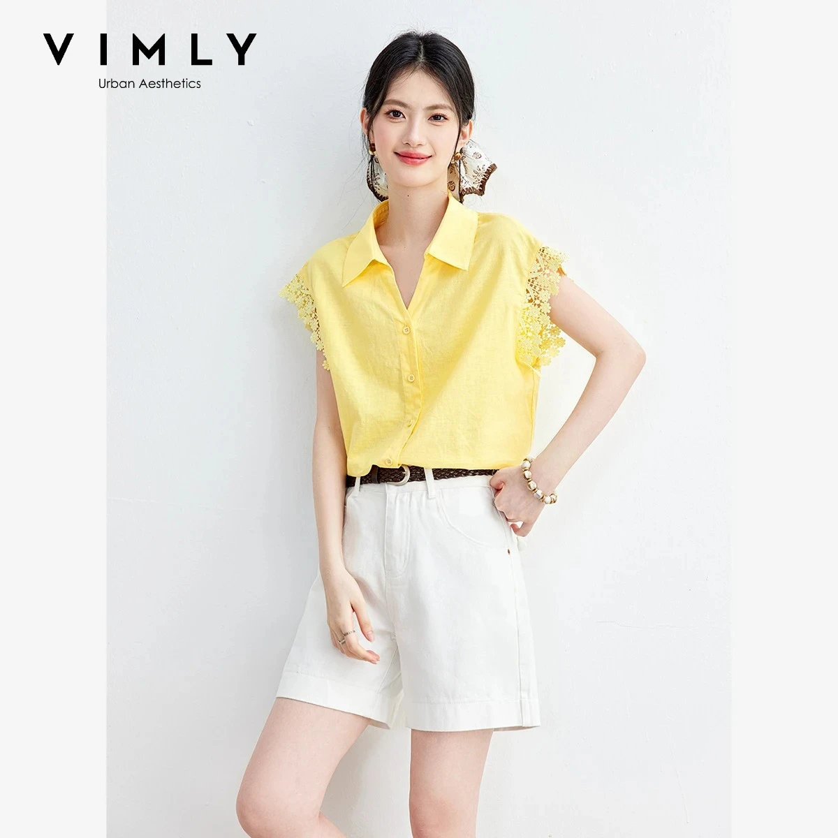 VIMLY French Elegant Yellow Women's Shirt 2026 Summer Turn-down Collar Lace Splicing Cuffs Detail Flutter Sleeves Blouse A6389
VIMLY French Elegant Yellow Women's Shirt 2026 Summer Turn-down Collar Lace Splicing Cuffs Detail Flutter Sleeves Blouse A6389