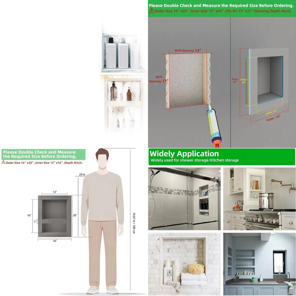 12x16 Waterproof Shower Niche, 16x20 Outer Dimensions, Ready-to-Tile Recessed Shelf for Bathroom Remodel and Storage
12x16 Waterproof Shower Niche, 16x20 Outer Dimensions, Ready-to-Tile Recessed Shelf for Bathroom Remodel and Storage
