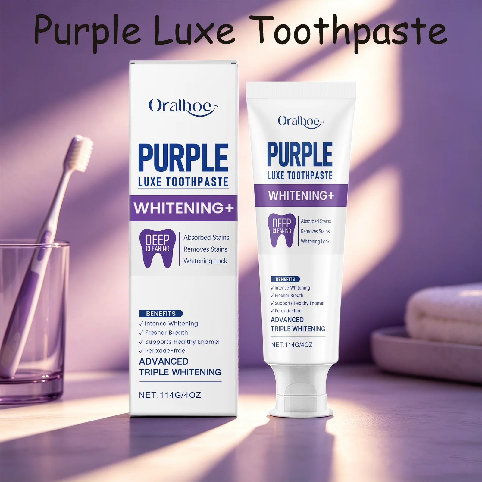 114G Purple Luxe Toothpaste Gentle Formula Clear Dental Stains Brighten Yellow Teeth Keep Mouth Fresh Whitening Toothpaste
114G Purple Luxe Toothpaste Gentle Formula Clear Dental Stains Brighten Yellow Teeth Keep Mouth Fresh Whitening Toothpaste