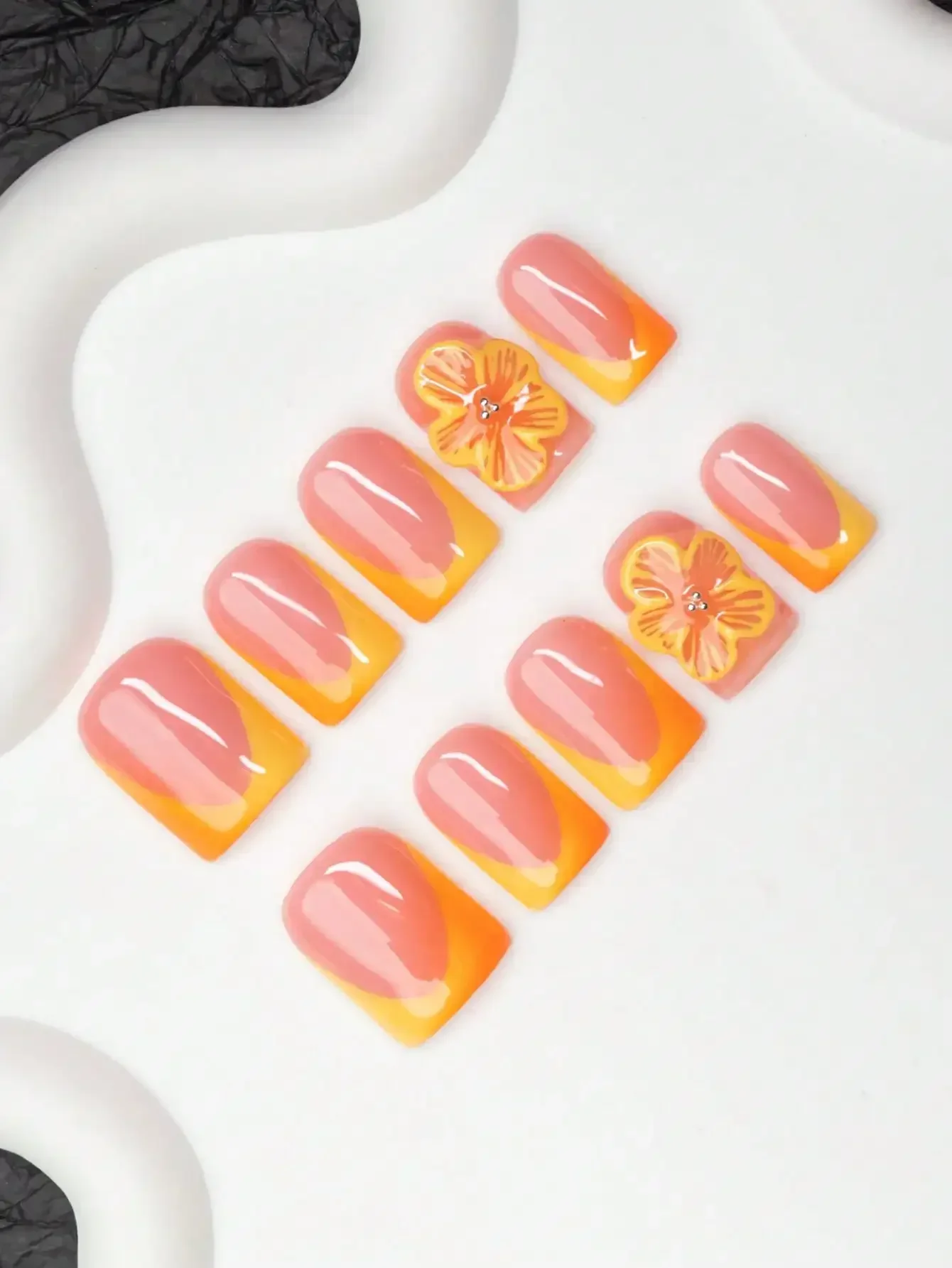 10pcs Square Shaped Handmade Nail Tips, Y2K Baddie Style, Nude & Orange Color With French Tips, Ombre, Floral Designs, Suitable
10pcs Square Shaped Handmade Nail Tips, Y2K Baddie Style, Nude & Orange Color With French Tips, Ombre, Floral Designs, Suitable