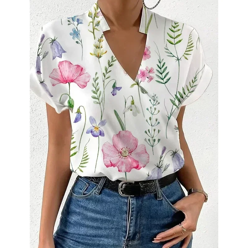 Summer Women's V-neck Fashion Printed Shirt Versatile Short Sleeve Shirt Loose Leisure Shirt Elegant Flower Printed Daily Shirt
Summer Women's V-neck Fashion Printed Shirt Versatile Short Sleeve Shirt Loose Leisure Shirt Elegant Flower Printed Daily Shirt