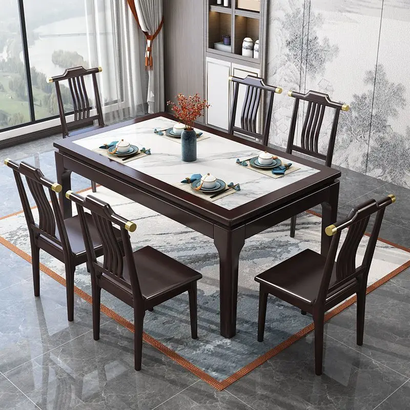 New Chinese solid wood dining table rock slab dining table and chair combination household rectangle
New Chinese solid wood dining table rock slab dining table and chair combination household rectangle
