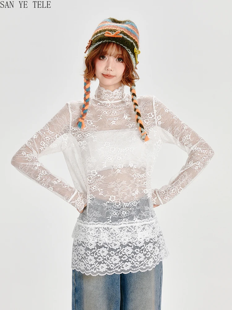 Korean White Stand-collar Lace Tops Womens Y2K Hook Flower Hollowed Pullover Slightly Transparent Long Sleeve Loose T-Shirts
Korean White Stand-collar Lace Tops Womens Y2K Hook Flower Hollowed Pullover Slightly Transparent Long Sleeve Loose T-Shirts