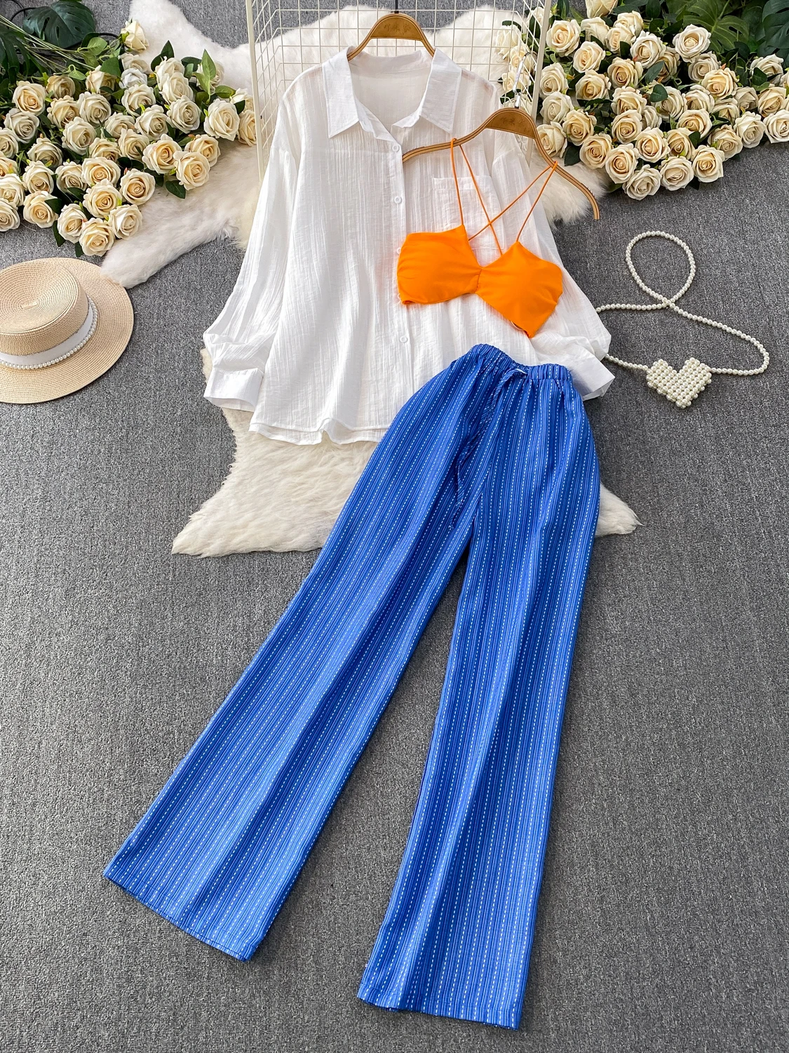 Loose Korean Style Striped Shirt Inner Sexy Strap Three Piece Set Wide Leg Pants Commute Style Casual Fashion Women's Ensemble
Loose Korean Style Striped Shirt Inner Sexy Strap Three Piece Set Wide Leg Pants Commute Style Casual Fashion Women's Ensemble