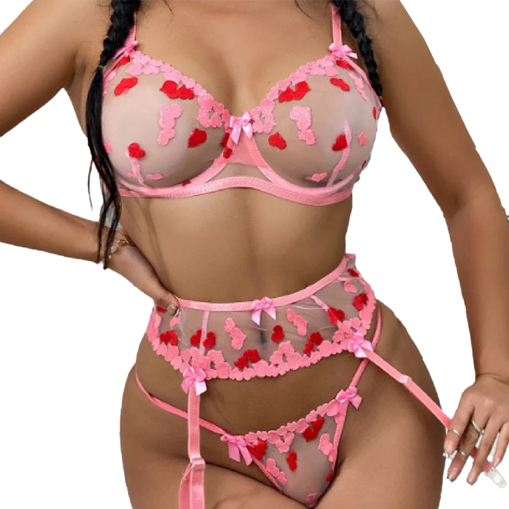 Сексуальный женский комплект кружевного нижнего белья, ультратонкий сетчатый прозрачный бюстгальтер с Т-образной спинкой, бикини, стринги, чулки на подтяжках, 3 шт., эротическое нижнее белье 
Сексуальный женский комплект кружевного нижнего белья, ультратонкий сетчатый прозрачный бюстгальтер с Т-образной спинкой, бикини, стринги, чулки на подтяжках, 3 шт., эротическое нижнее белье