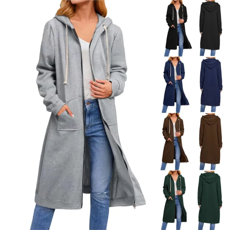 Fashion hooded drawstring pocket long sleeved solid color long cardigan for spring and autumn women's casual and versatile coat
Fashion hooded drawstring pocket long sleeved solid color long cardigan for spring and autumn women's casual and versatile coat