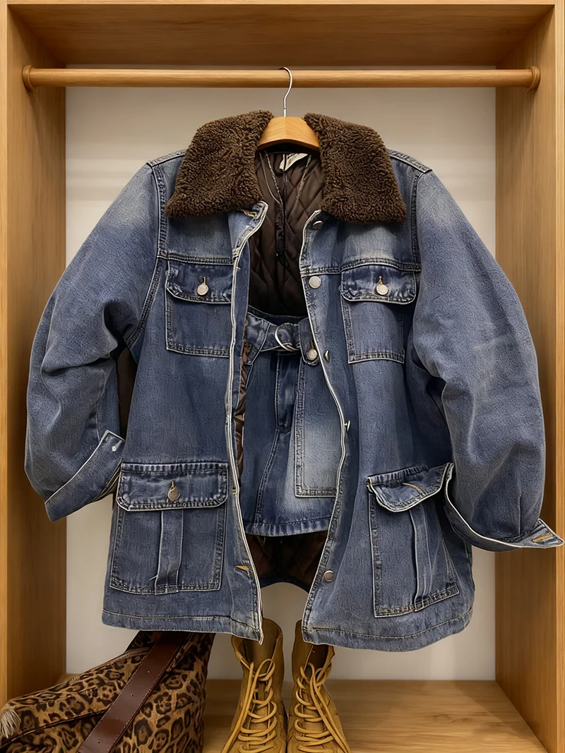 Korean Retro Warm Fur Collar Denim Jacket Women's Winter New Style Utility Belt Pocket Short Skirt Set Ladies Coat
Korean Retro Warm Fur Collar Denim Jacket Women's Winter New Style Utility Belt Pocket Short Skirt Set Ladies Coat