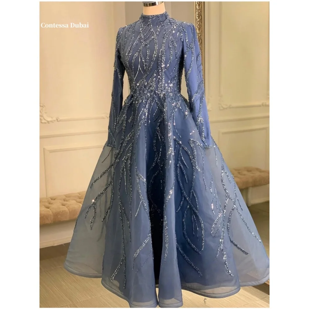 Contessa Dubai A-Line Glitter High-Neck Tulle PromDresses Long Sleeve Mist Blue فساتين سهرات Ankle-Length 2025robes de soirée
Contessa Dubai A-Line Glitter High-Neck Tulle PromDresses Long Sleeve Mist Blue فساتين سهرات Ankle-Length 2025robes de soirée