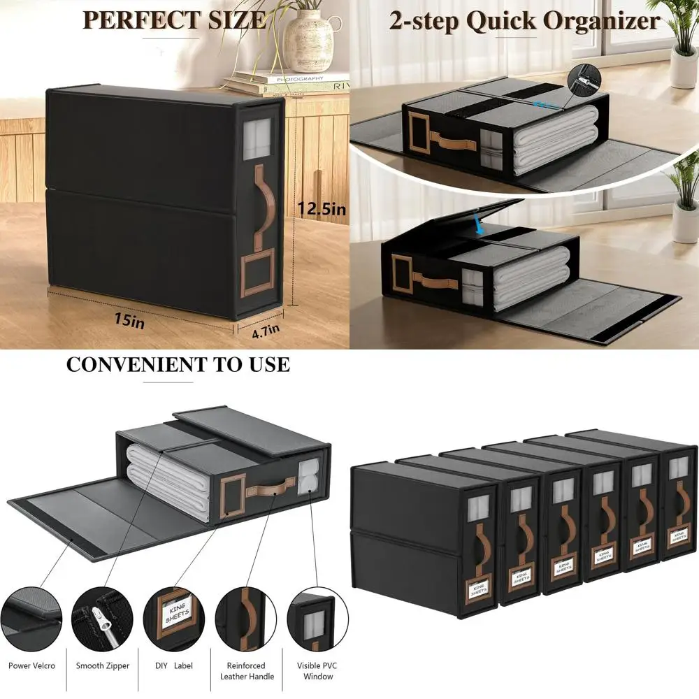 Складные органайзеры для постельного белья - коробки для хранения белья размеров King и Queen с окном (черные)
Складные органайзеры для постельного белья - коробки для хранения белья размеров King и Queen с окном (черные)