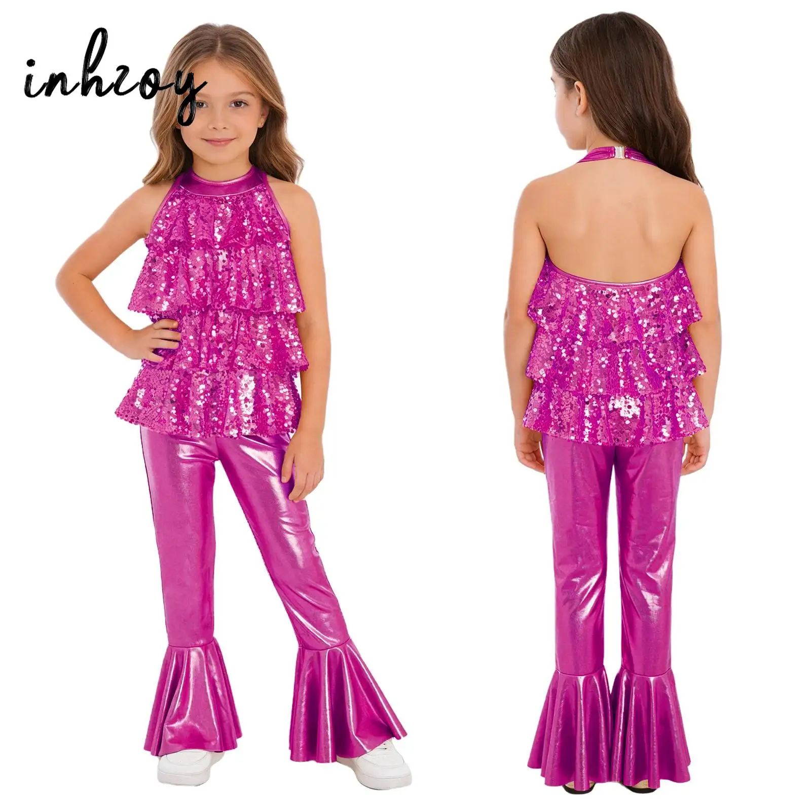 Kids Girls Sequins Tiered Ruffles Dance Jumpsuit Halter Backless Bell-Bottom Bodysuit for Dance Team Championship Outfit
Kids Girls Sequins Tiered Ruffles Dance Jumpsuit Halter Backless Bell-Bottom Bodysuit for Dance Team Championship Outfit