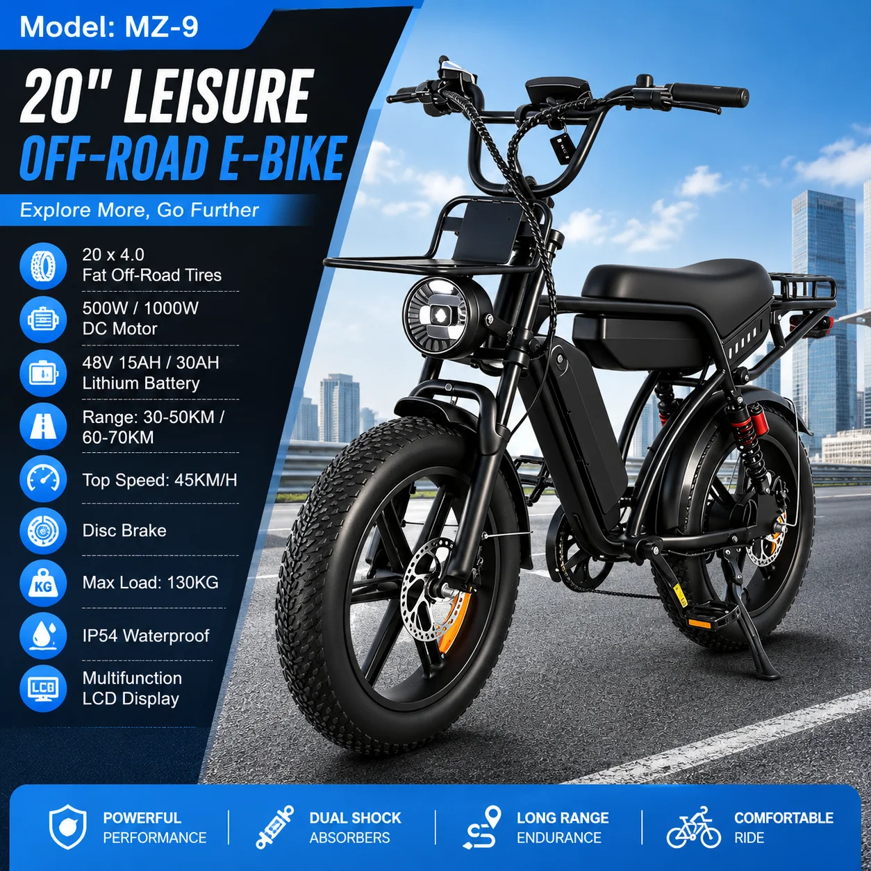 MZ-9 Adult Electric Bike 20x4.0 Fat Tire E-Bike 500W 1000W DC Motor 48V 15Ah 30Ah Long Range Off Road E-Bicycle
MZ-9 Adult Electric Bike 20x4.0 Fat Tire E-Bike 500W 1000W DC Motor 48V 15Ah 30Ah Long Range Off Road E-Bicycle