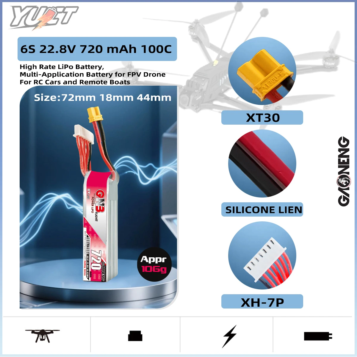 YUCT GNB 6S 720 мАч XT30 LiHV 7,6 В 90C/Max180C LiPo аккумулятор для FPV длинного гоночного дрона 4-осевой радиоуправляемый квадрокоптер, дроны, детали, аккумулятор
YUCT GNB 6S 720 мАч XT30 LiHV 7,6 В 90C/Max180C LiPo аккумулятор для FPV длинного гоночного дрона 4-осевой радиоуправляемый квадрокоптер, дроны, детали, аккумулятор