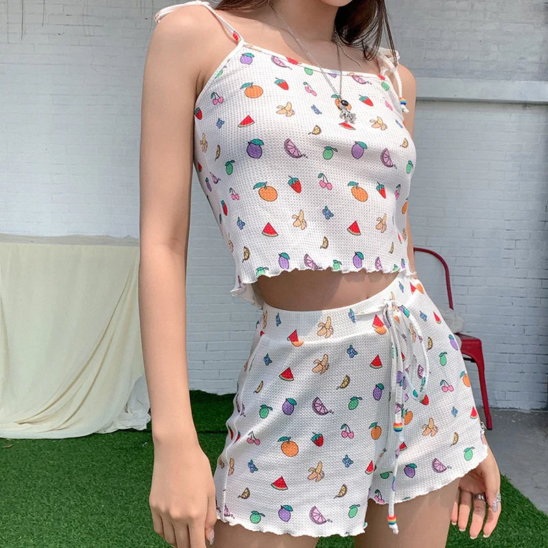 Summer 2 Piece Women's Clothes Vest Crop Top + Shorts Fruit Print Fashion V-neck Street Wear Thin Female Clothes Korean Fashion
Summer 2 Piece Women's Clothes Vest Crop Top + Shorts Fruit Print Fashion V-neck Street Wear Thin Female Clothes Korean Fashion