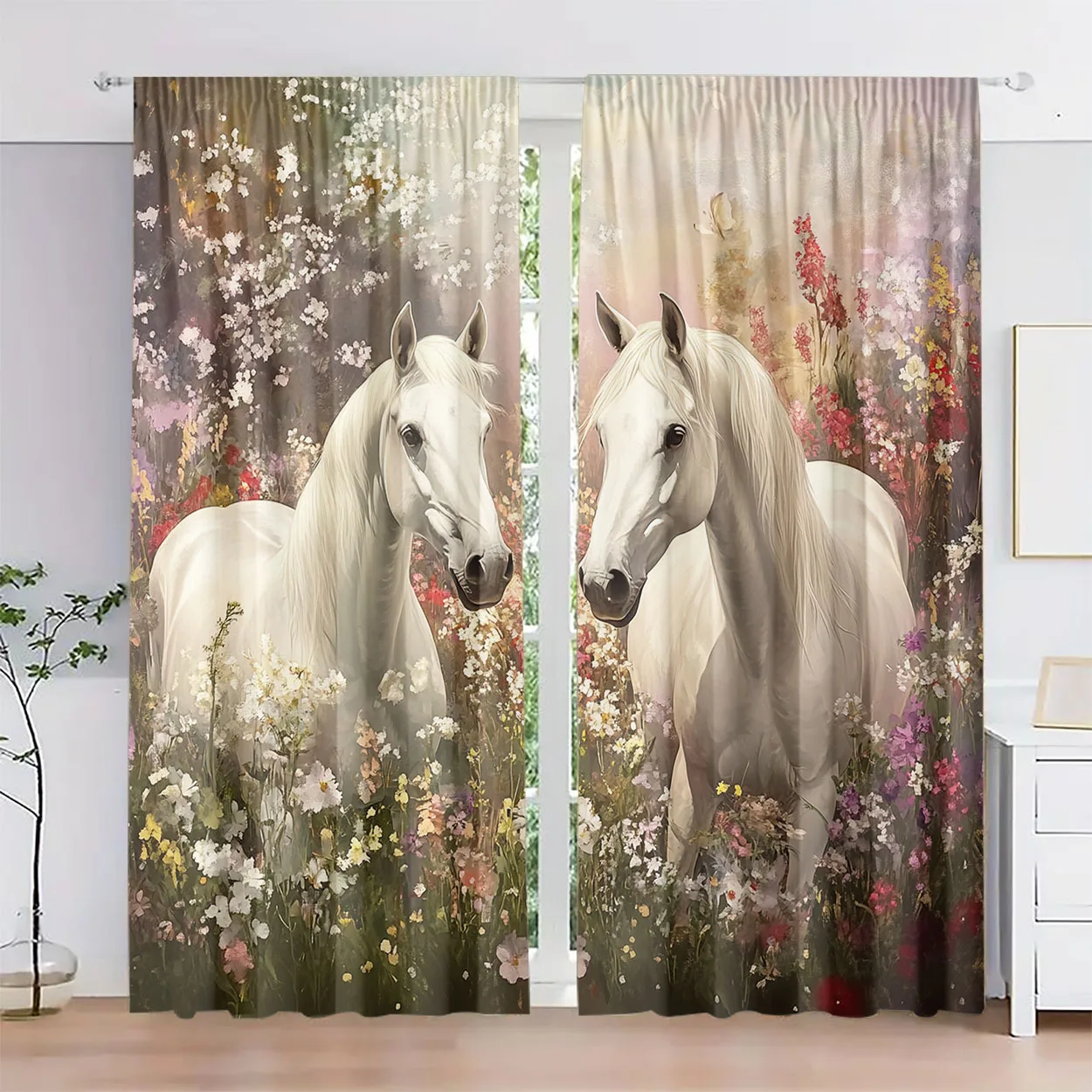 2 Panels White Horse & Flowers Curtains, Romantic Pastoral Print, Dreamy Animal Scenery Drapes for Bedroom Living Room
2 Panels White Horse & Flowers Curtains, Romantic Pastoral Print, Dreamy Animal Scenery Drapes for Bedroom Living Room