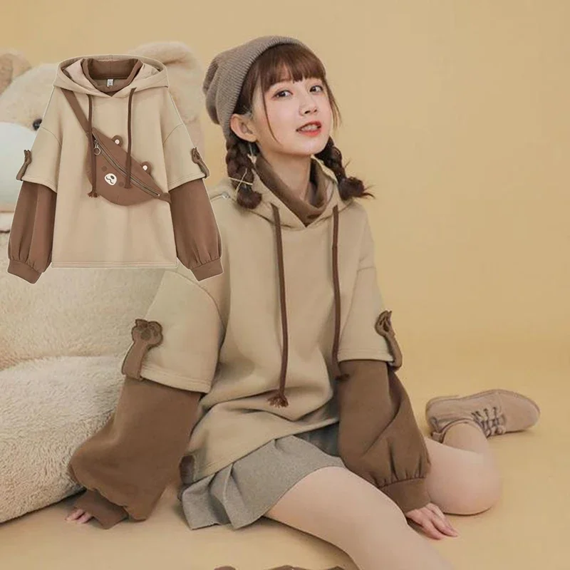 Women Cartoon Anime Loose Hoodie With Bear Bag Long Sleeve Fake Two Hooded Plus Velvet Jackets Autumn Winter Sweater Tops
Women Cartoon Anime Loose Hoodie With Bear Bag Long Sleeve Fake Two Hooded Plus Velvet Jackets Autumn Winter Sweater Tops