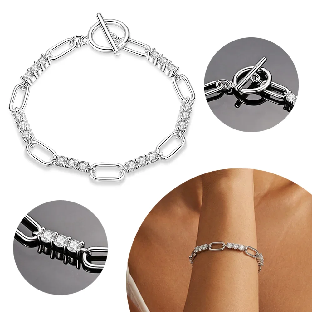 925 Silver Geometric Oval Link Bracelet Sparkling Zircon OT Toggle Chain Elegant Stackable Fashion Jewelry Gift for Women
925 Silver Geometric Oval Link Bracelet Sparkling Zircon OT Toggle Chain Elegant Stackable Fashion Jewelry Gift for Women