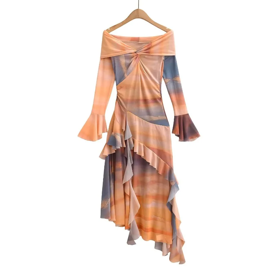 【New style】Mesh print, shoulder, irregular lotus leaf, big swing dress, women's vacation style, seaside oil painting, tie-dyed
【New style】Mesh print, shoulder, irregular lotus leaf, big swing dress, women's vacation style, seaside oil painting, tie-dyed