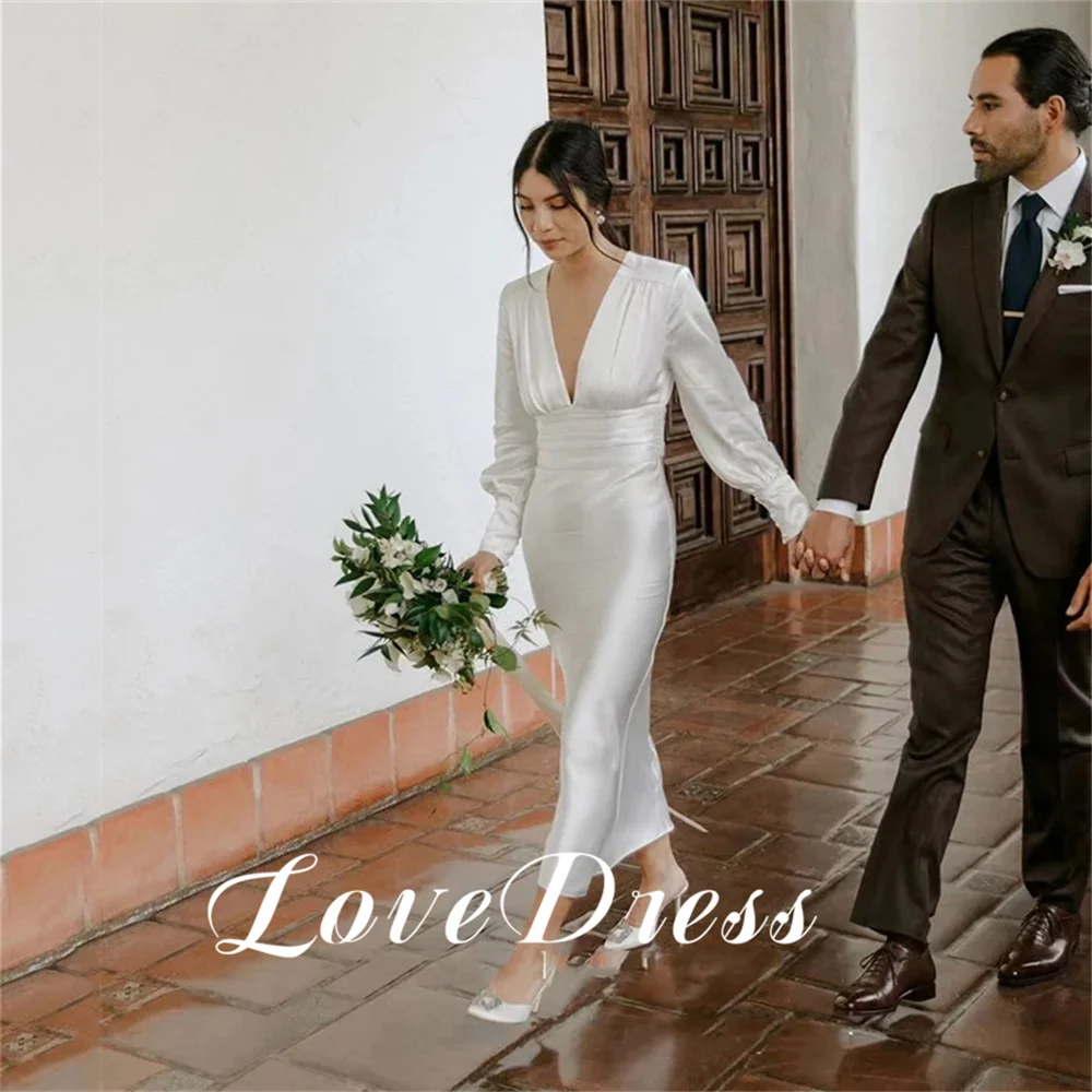 Love Simple Stain Long Sleeves Deep V-Neck Mermaid Wedding Dresses Ankle Length Pleated Elegant Bridal Gowns Customized 2025
Love Simple Stain Long Sleeves Deep V-Neck Mermaid Wedding Dresses Ankle Length Pleated Elegant Bridal Gowns Customized 2025
