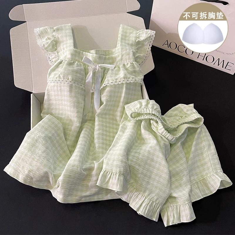 DAIMELU Sexy suspender shorts pajamas women's summer with chest pads pure cotton sweet green plaid bow loungewear set
DAIMELU Sexy suspender shorts pajamas women's summer with chest pads pure cotton sweet green plaid bow loungewear set