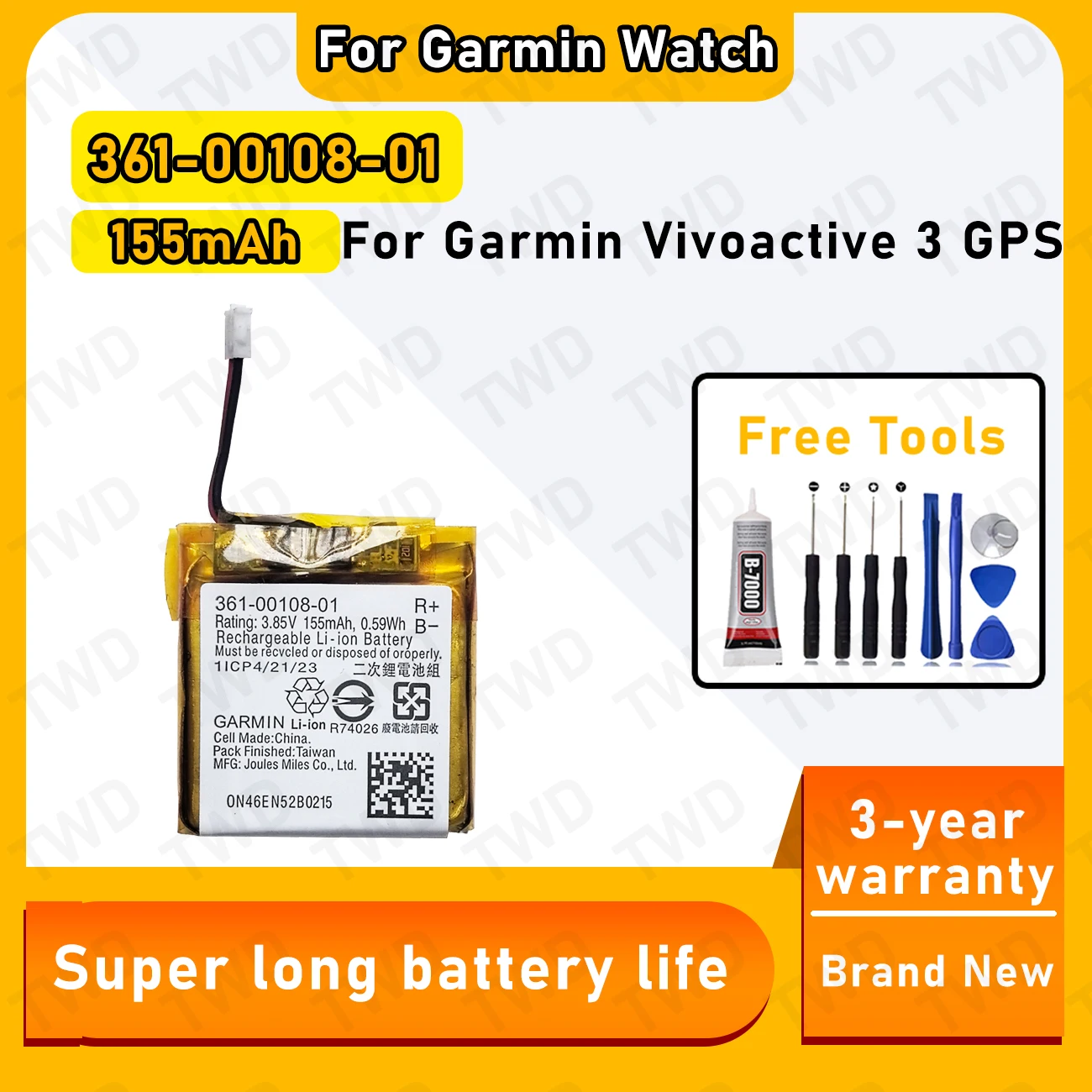 361-00108-01 Large capacity 155mAh Battery For Garmin Watch Vivoactive 3 GPS SmartWatch batteries New High Quanlity+Free Tools
361-00108-01 Large capacity 155mAh Battery For Garmin Watch Vivoactive 3 GPS SmartWatch batteries New High Quanlity+Free Tools