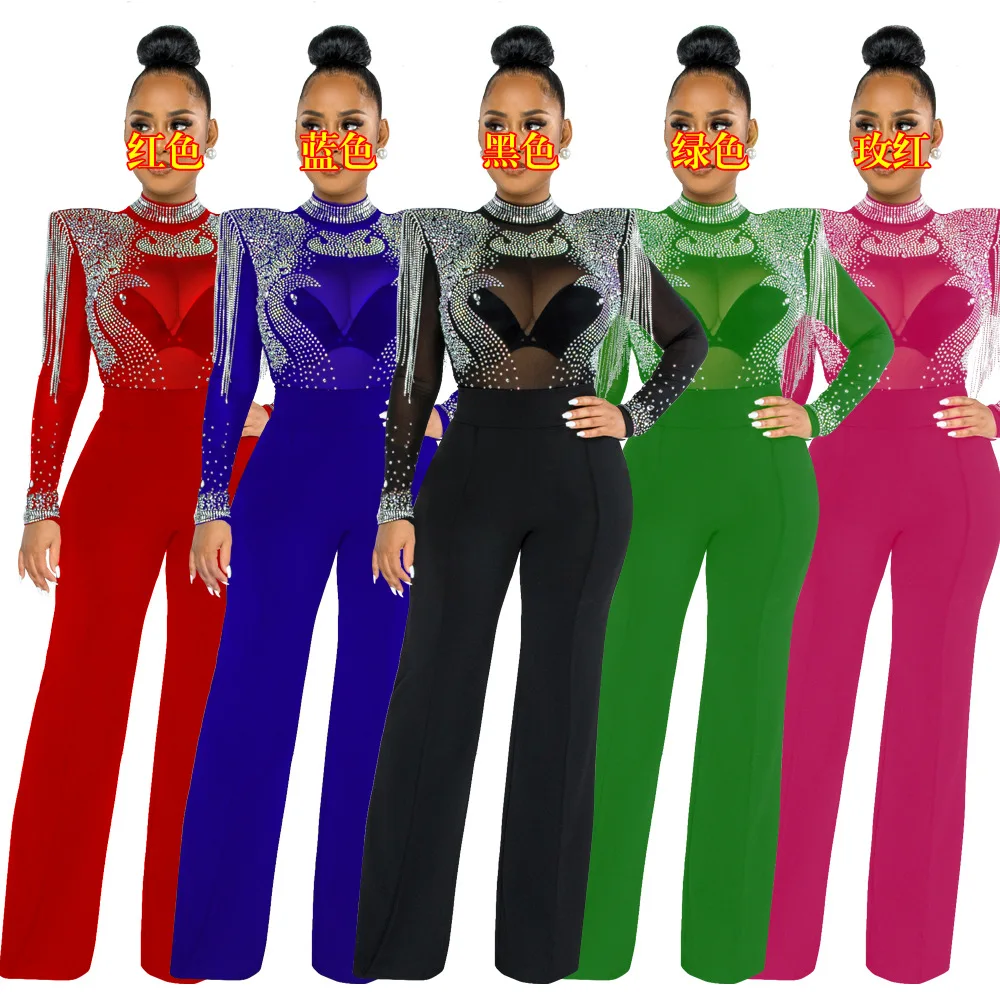 Women Diamond Tassel Shoulder Cotton Polyester Mesh Long Sleeve High Waist Overall Pants Jumpsuits
Women Diamond Tassel Shoulder Cotton Polyester Mesh Long Sleeve High Waist Overall Pants Jumpsuits
