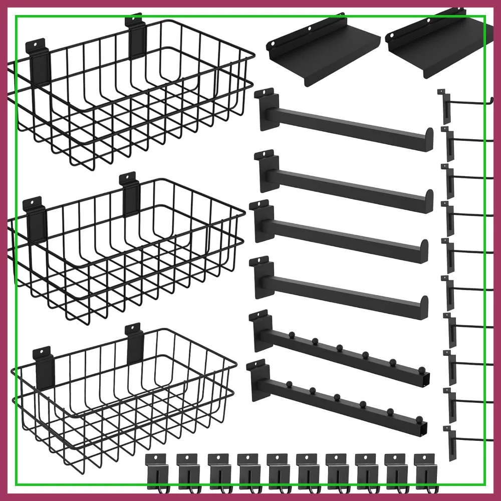 31 PCS Slatwall Accessories Kit with 3 Baskets, 2 Shelves, Brackets, Hooks for Garage & Store Display
31 PCS Slatwall Accessories Kit with 3 Baskets, 2 Shelves, Brackets, Hooks for Garage & Store Display