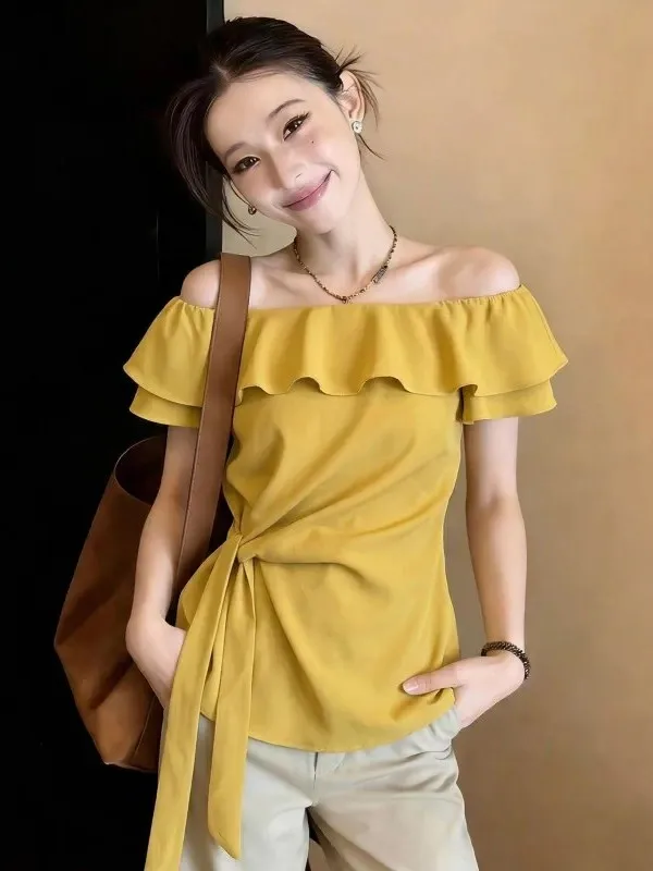 Yellow Oversized Shirt with Lace Trim One Shoulder Short Sleeve Women's Beautiful Shirt Summer 2026 New Style Waist Cinched Top
Yellow Oversized Shirt with Lace Trim One Shoulder Short Sleeve Women's Beautiful Shirt Summer 2026 New Style Waist Cinched Top