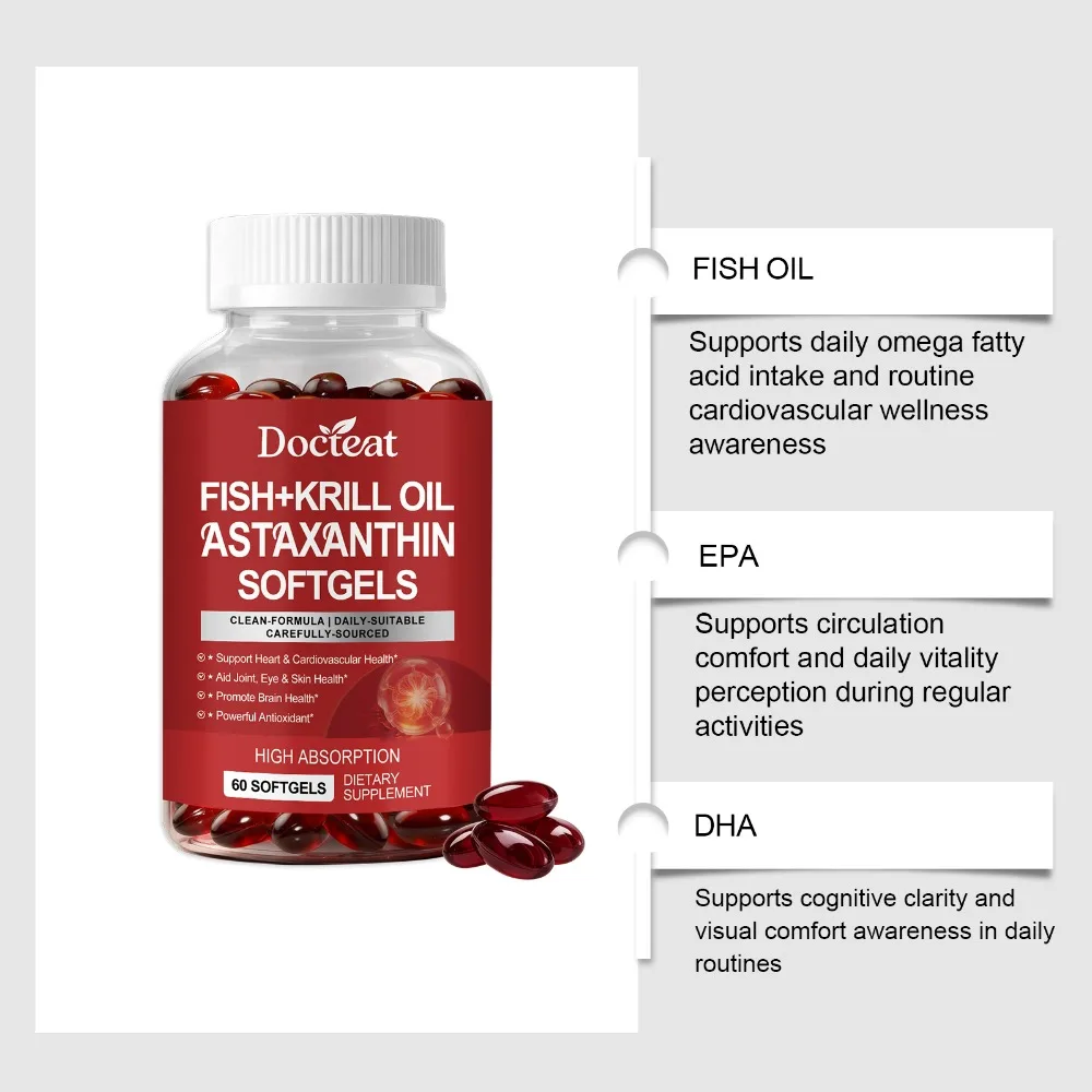 Docteat Fish+Krill Oil Astaxanthin Softgels - High Absorption Formula with Omega-3, EPA, DHA & Antioxidant Support, 60 Count
Docteat Fish+Krill Oil Astaxanthin Softgels - High Absorption Formula with Omega-3, EPA, DHA & Antioxidant Support, 60 Count