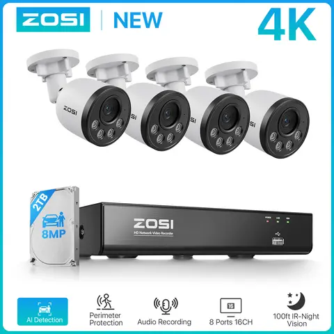 ZOSI 4K PoE NVR Security Camera System 8MP Weatherproof Wired PoE Cameras H.265+ 4K/8MP 8CH CCTV NVR for Home 24/7 Surveillance