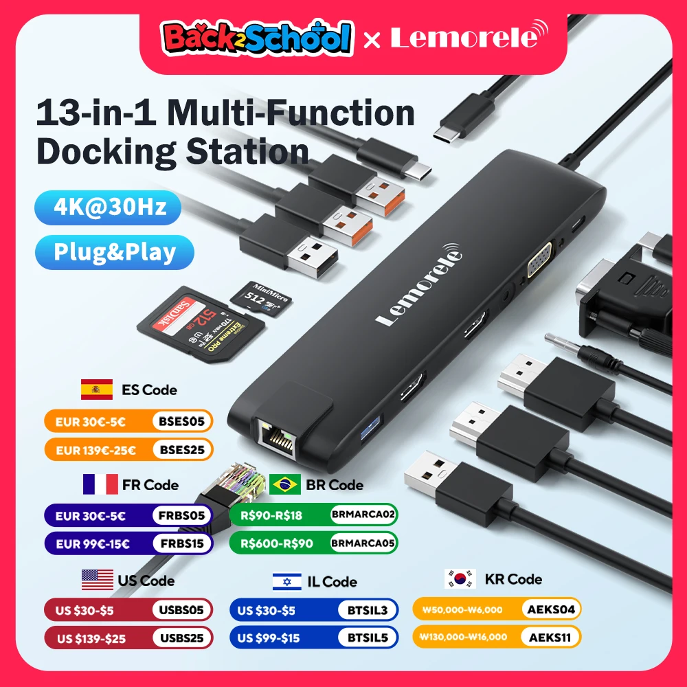 Lemorele 13 In 1 TC96 USB HUB to HDMI 4K Display Type C To USB 3.1 10Gbps With RJ45 PD100W VGA SD TF For MacBook Ipad Computer
Lemorele 13 In 1 TC96 USB HUB to HDMI 4K Display Type C To USB 3.1 10Gbps With RJ45 PD100W VGA SD TF For MacBook Ipad Computer