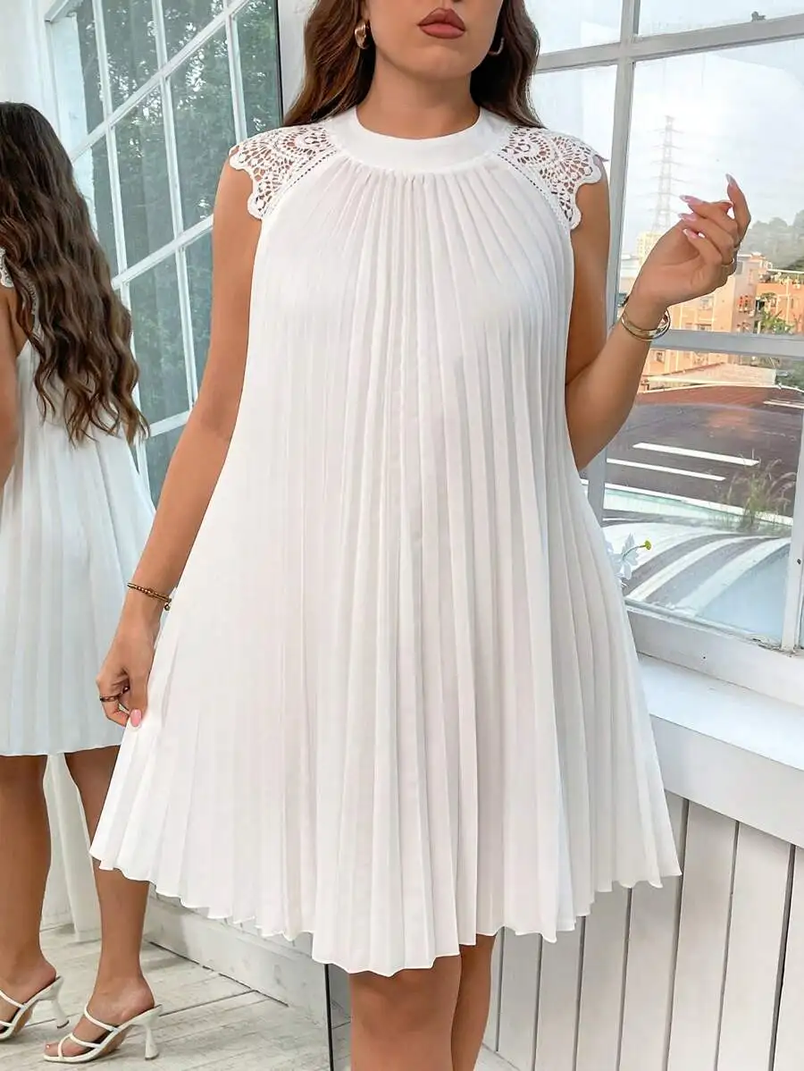 White Pleated Lace Trim Sleeveless Dress Knee-Length Casual Romantic Beach Style
White Pleated Lace Trim Sleeveless Dress Knee-Length Casual Romantic Beach Style