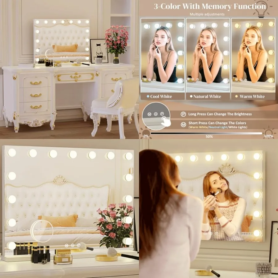 Hollywood Vanity Mirror with Lights, 15 Replaceable Bulbs 3 Color Lights Make Up Lighted Mirror, Aluminum Metal Frame, USB Char
Hollywood Vanity Mirror with Lights, 15 Replaceable Bulbs 3 Color Lights Make Up Lighted Mirror, Aluminum Metal Frame, USB Char