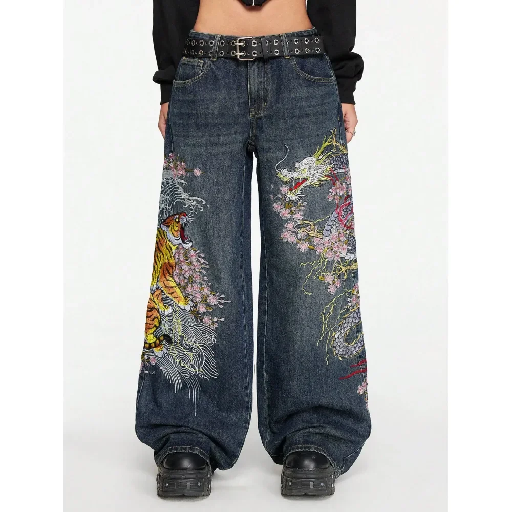 Grunge Punk Spring Carnival Casual Unisex Retro StreetStyle Chinese Tiger Floral Embroidery Loose WideLeg Low Waist Jeans
Grunge Punk Spring Carnival Casual Unisex Retro StreetStyle Chinese Tiger Floral Embroidery Loose WideLeg Low Waist Jeans