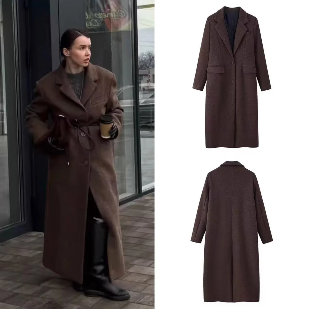 Women's Brown Wool Coat Autumn/winter Long Woolen Lapel Back Slit with button closure long-sleeve Trench Outerwear
Women's Brown Wool Coat Autumn/winter Long Woolen Lapel Back Slit with button closure long-sleeve Trench Outerwear