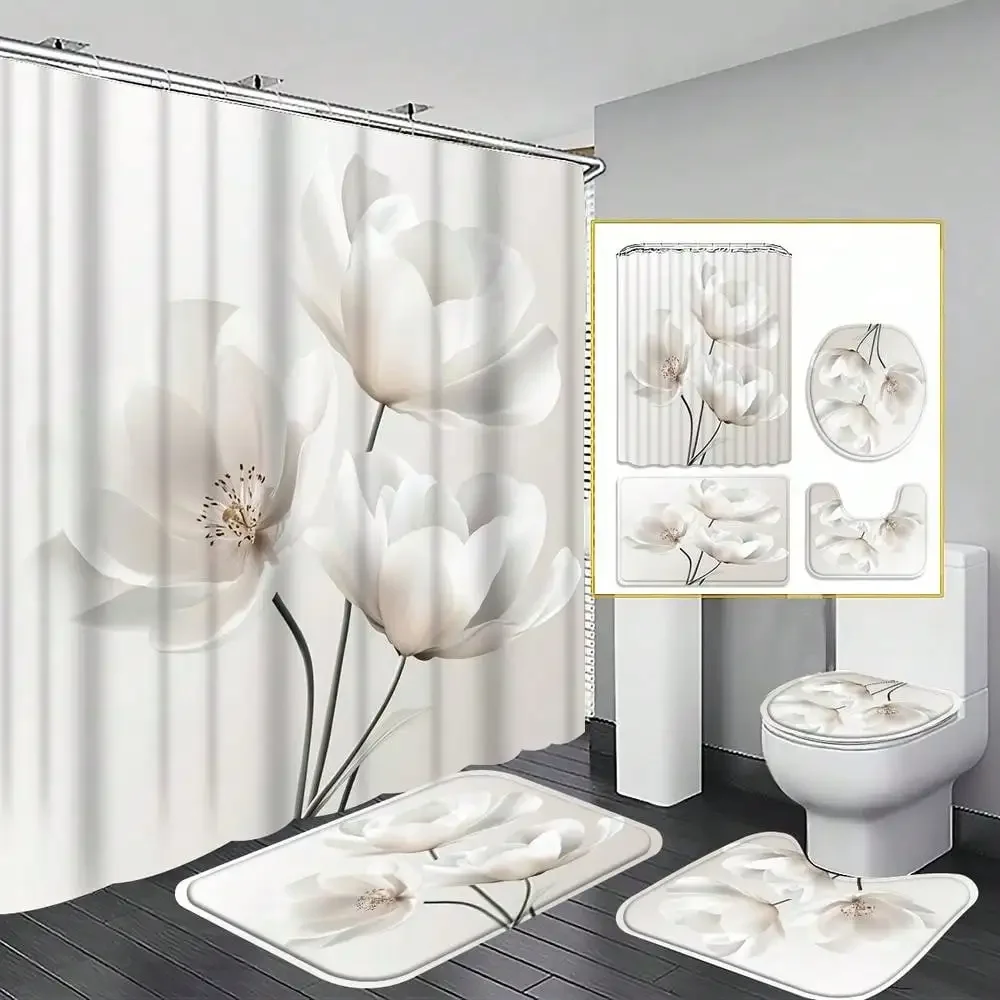 4pcs White Magnolia Shower Curtain Set, Elegant Floral Bathroom Decor, Accessories With Bath Mat, U-Shaped Mat, Toilet Lid Cover, 12 Hooks 70.87x70.87inch Curtain, Home Decor, Bathroom Accessories.
4pcs White Magnolia Shower Curtain Set, Elegant Floral Bathroom Decor, Accessories With Bath Mat, U-Shaped Mat, Toilet Lid Cover, 12 Hooks 70.87x70.87inch Curtain, Home Decor, Bathroom Accessories.