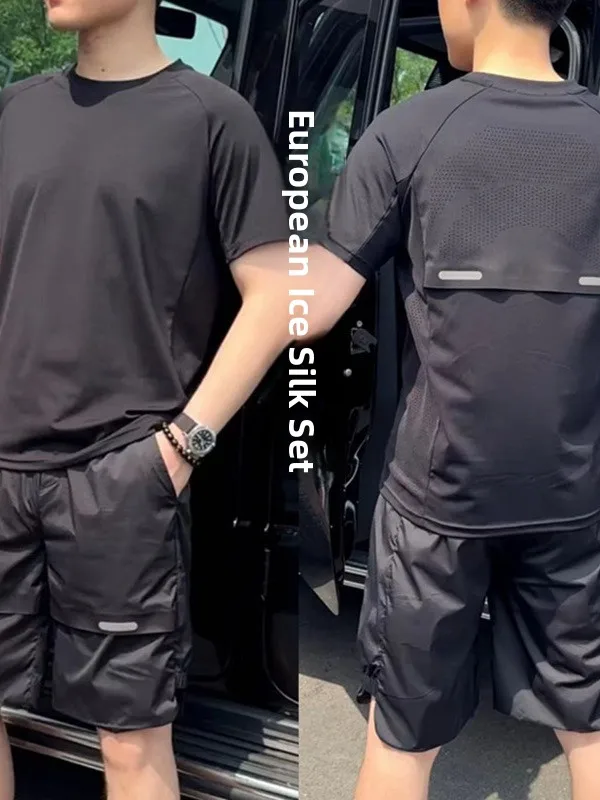 Men's Summer Ice Silk Quick Dry Casual Sports Suit Short Sleeve Shorts Two Piece Set Breathable Fashionable Urban Commute Wear
Men's Summer Ice Silk Quick Dry Casual Sports Suit Short Sleeve Shorts Two Piece Set Breathable Fashionable Urban Commute Wear