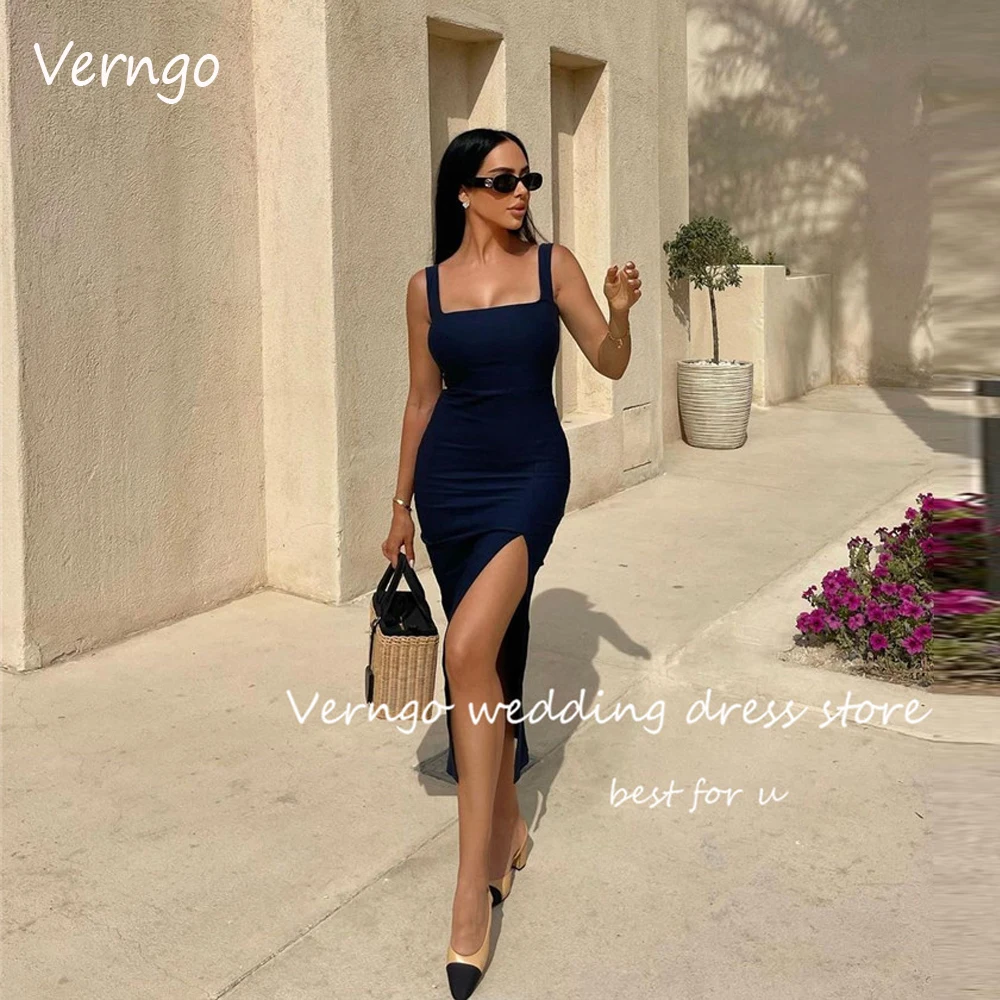 Verngo Simple Navy Blue Stretch Evening Party Dresses Straps Split Night Occasion Gowns Tea Length Beach Summer Cocktail Dress
Verngo Simple Navy Blue Stretch Evening Party Dresses Straps Split Night Occasion Gowns Tea Length Beach Summer Cocktail Dress